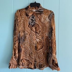 St. John Silk Brown Paisley Button Down Blouse Top